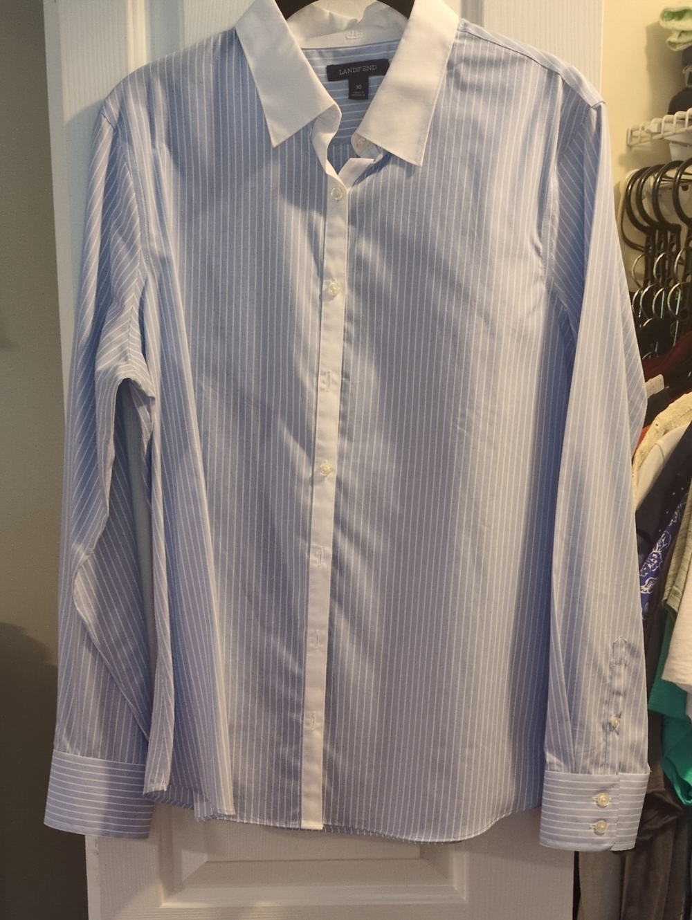 Lands' End Women's Light Blue Pinstripe Dress Shirt with White Contrast Collar
